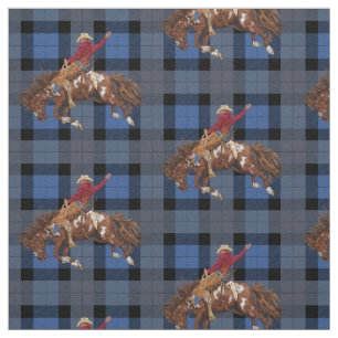 Tecido Bronco Busting Rodeo Cowboy em Xadrez Azul