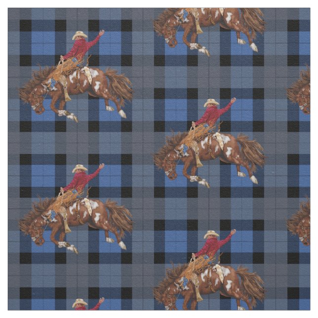 Tecido Bronco Busting Rodeo Cowboy em Xadrez Azul (Modelo)