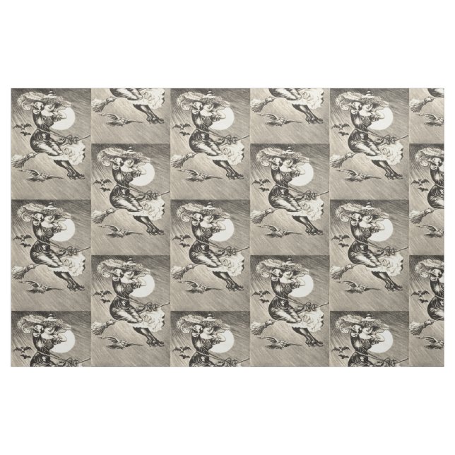 Tecido Bruxa Monocromática Vassoura de Morcego Lua Cheia (Fat Quarter)