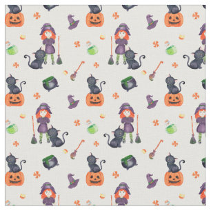Tecido Bruxa Pequena Halloween, Gato Negro e Gato de Abób