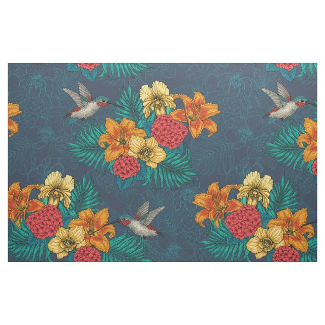 Tecido Buquês tropicais e beija-flores (Fat Quarter)
