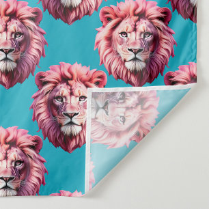 Tecido Cabeça de Leão Rosa Animal Desenho de Estampa Azul