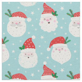 Tecido Cabeças de Papais noeis giras em azul claro