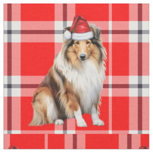 Tecido Cachorro Collie de Natal com Xadrez Vermelha