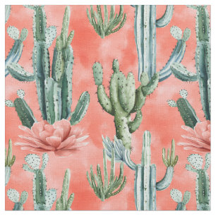 Tecido Cacto em Aquarela em Coral