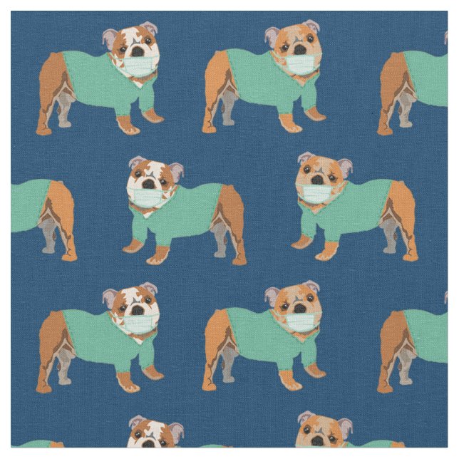 Tecido Cães Bulldog Ingleses em azul marinho (Detalhe)