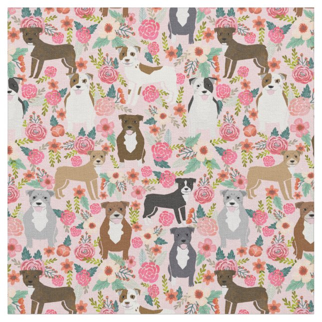 Tecido Cães Pitbull vintage florals rosa (Detalhe)
