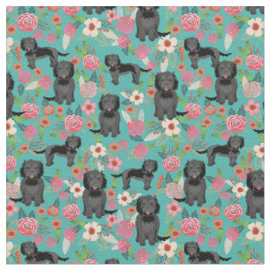 Tecido Cão-de-bule preto floresce turquesa