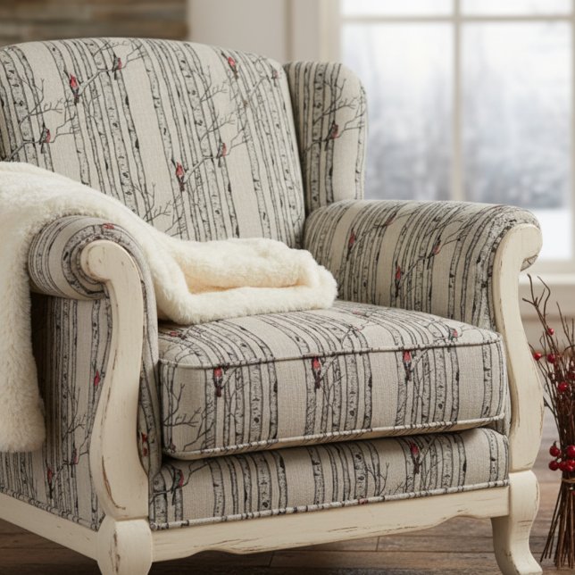 Tecido Cardeais Vermelhos Desenhados à Mão Emitidos em Ra (Elegant Winter Forest Pattern Fabric in Natural Linen. Red Cardinal Birds in Birch Pine Trees.)