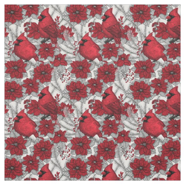 Tecido Cardinhas e poinsetos em vermelho e branco (Modelo)