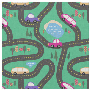 Tecido Carros cor-de-rosa & roxos - mapa de estradas dos