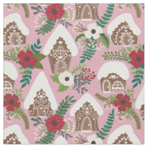 Tecido Casas de Gingerbread e Florais de Natal - Rosa