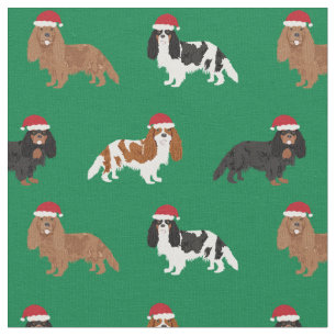 Tecido Cavalier King Charles Spaniel papai noel verde