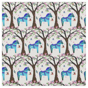 Tecido Cavalo de dala preto/azul/pássaros folclóricos/f