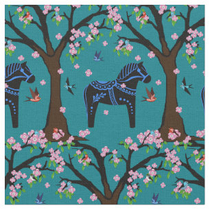 Tecido Cavalo de dala preto/azul/pássaros folclóricos/flo