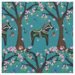 Tecido Cavalo de dala preto/branco/verde/pássaros/flores