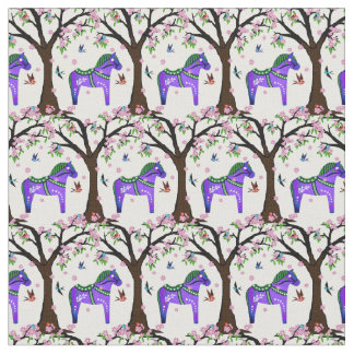 Tecido Cavalo de dala roxo/verde/pássaros folhosos/flores