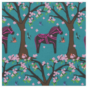 Tecido Cavalo Folk de Dala preto/rosa/Aves Folk/flores 2.
