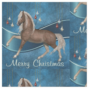 Tecido Cavalo no azul com Feliz Natal dos ornamento