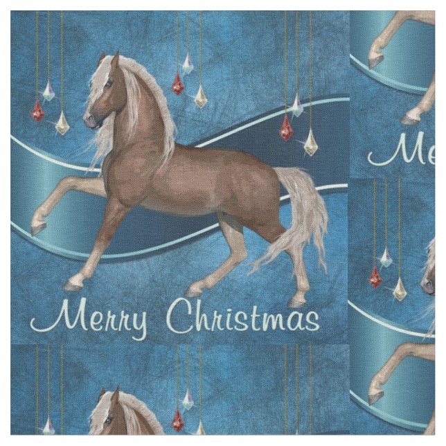 Tecido Cavalo no azul com Feliz Natal dos ornamento (Detalhe)