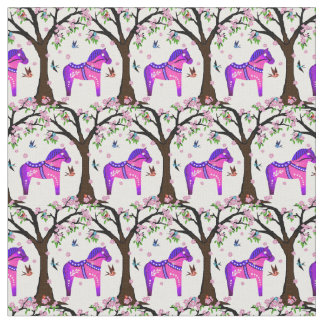 Tecido Cavalo/pássaros/flores, púrpura/rosa/azul-Folha