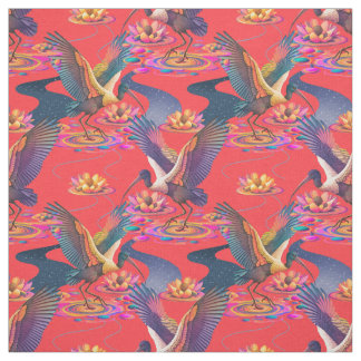 Tecido Celestial Ibis e Lily Pond no Coral Vermelho