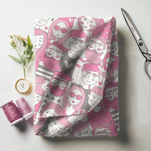 Tecido Centro Crowd Faces Rosa ID494