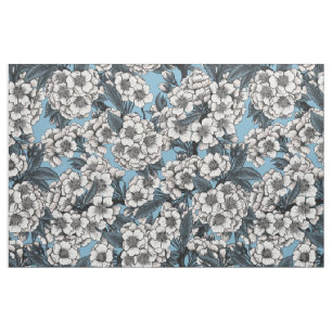 Tecido Cereja floresce em branco e azul