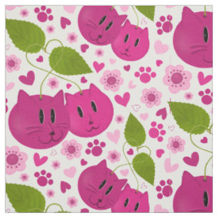 Tecido Cerejas, Gatos, Corações, Flores de Cereja e patas