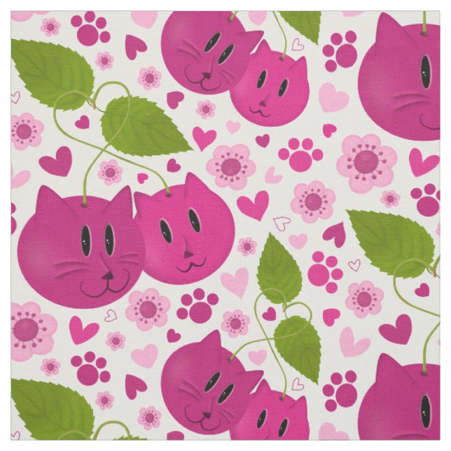 Tecido Cerejas, Gatos, Corações, Flores de Cereja e patas (Modelo)