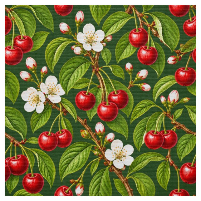Tecido Cerejas Vermelhas Botânicas e Flores Brancas (Modelo)