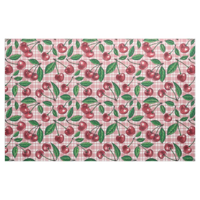 Tecido Cerejas vermelhas em gingham rosa (Fat Quarter)