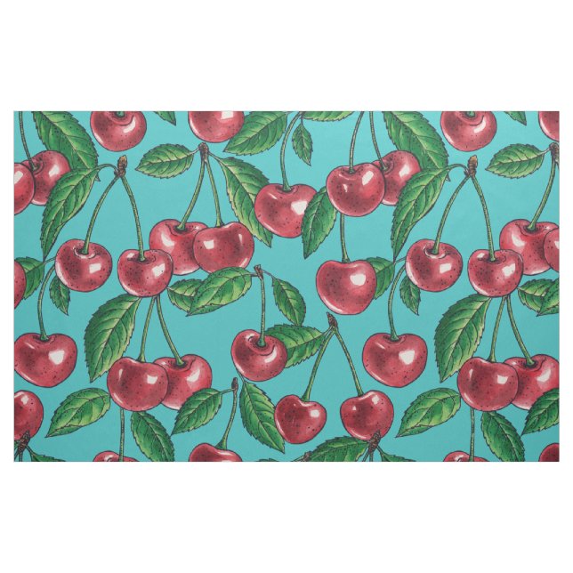 Tecido Cerejas vermelhas em turquesa (Fat Quarter)