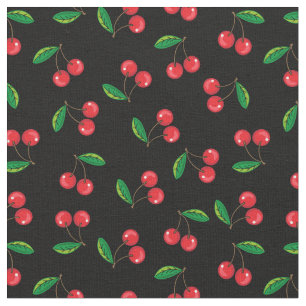 Tecido Cerejas Vermelhos de Verão em Padrão Preto