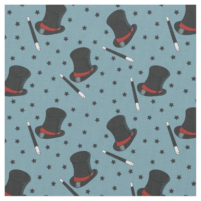 Tecido Chapéus mágicos, varas mágicas e estrelas azuis (Detalhe)