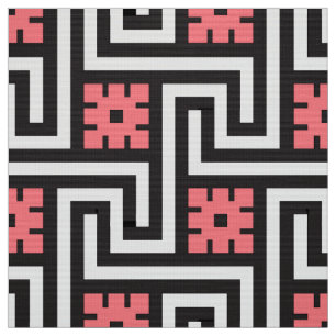Tecido Chave de Deco, preto, branco e rosa gregos do