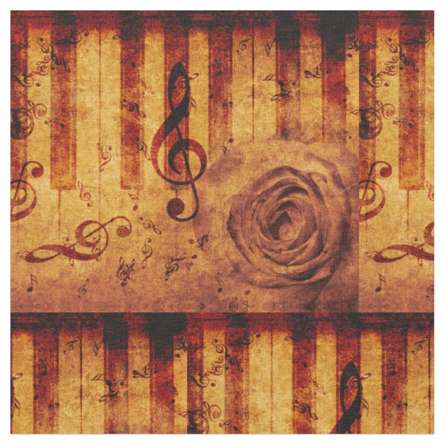 Tecido Chaves de piano com notas musicais e rosa (Detalhe)