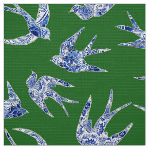 Tecido Chic Chinoiserie Swallow Birds Floral Blue Green