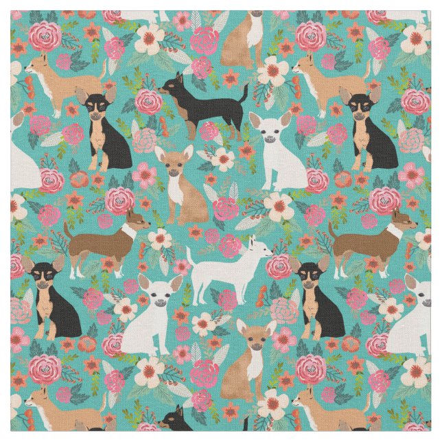 Tecido Chihuahua dogs vintage floral turquoise (Detalhe)