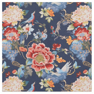 Tecido Chinoiserie floral azul elegante