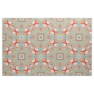 Tecido Chique Padrão Floral Mosaico Vermelho e Azul Turqu