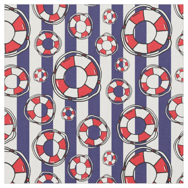 Tecido Cintos de Vida de Praia Náutica e Stripes Brancas  (Detalhe)