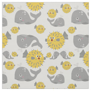 Tecido Cinza Baleia e Blowfish Cartoon Baby Padrão
