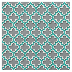 Tecido Cinza de carvão Teal Branco Quatrefoil Marroquino