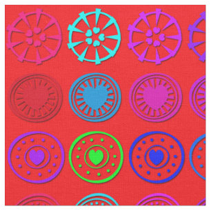 Tecido Círculos Cardíacos Multicolores em Vermelho
