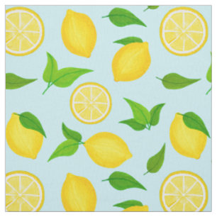 Tecido Citrus Yellow Lemons e Folhas Pastel Blue