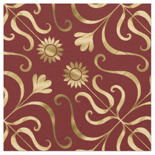 Tecido Clássico Elegante Damasco Floral Vermelho e Dourad