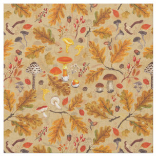 Tecido Cogumelos florestais e flora do outono em ocre