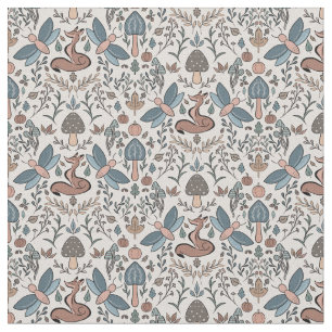 Tecido Cogumelos Fox & Dragonfly Cute Autumn Padrão