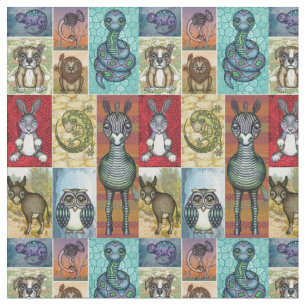 Tecido Colagem de animais bonitos Design de arte popular